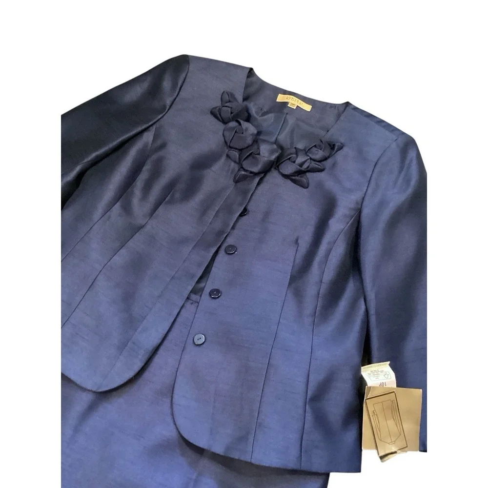 Kasper Sapphire Blue 2 Piece Skirt Suit Floral Applique Jacket 10 Petite NWT